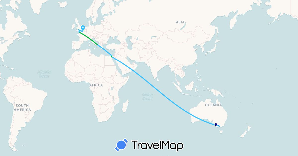 TravelMap itinerary: driving, bus, boat in Australia, Egypt, France, United Kingdom, Italy (Africa, Europe, Oceania)